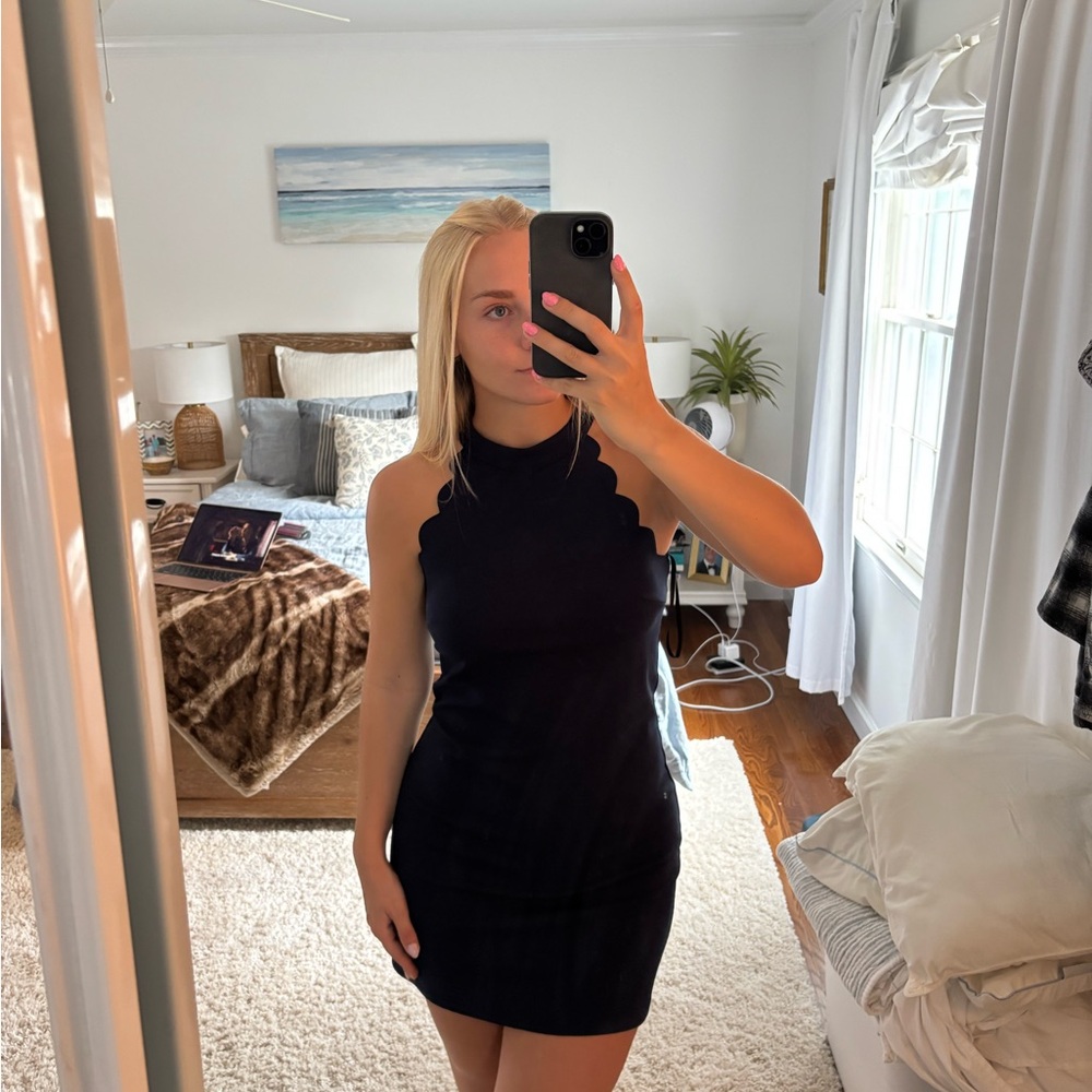 Aqua scalloped navy mini dress